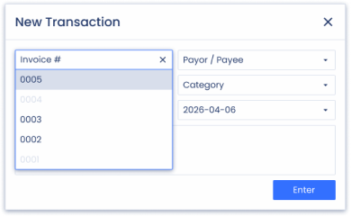 New Transaction Pop-up with dropdown