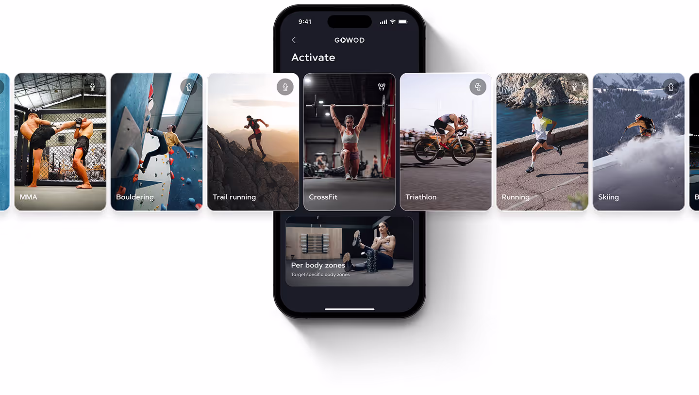 GOWOD app on a phone with a carousel of cards depicting sports