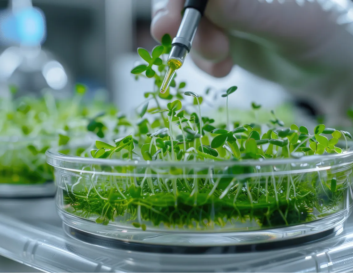 Scientist using a pipette on sprouts in a petri dish, representing plant biotechnology.