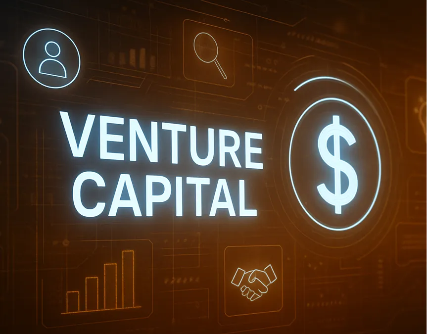 A glowing digital interface with the words "Venture Capital" and financial icons.