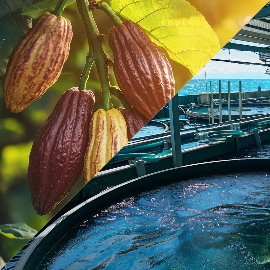 Close-up of ripe cocoa pods hanging on a tree in sunlight with Aquaculture tanks on the ocean.