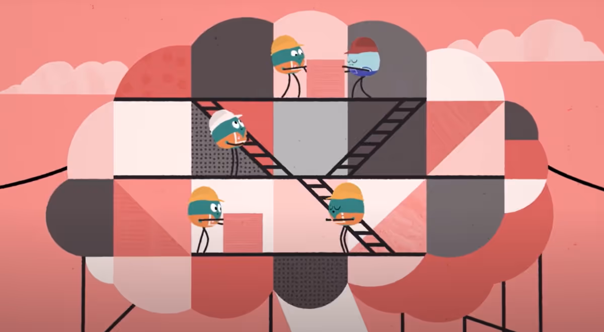 CLP Short Film, Cut illustration of cartoon people made of circles doing construction on a brain.