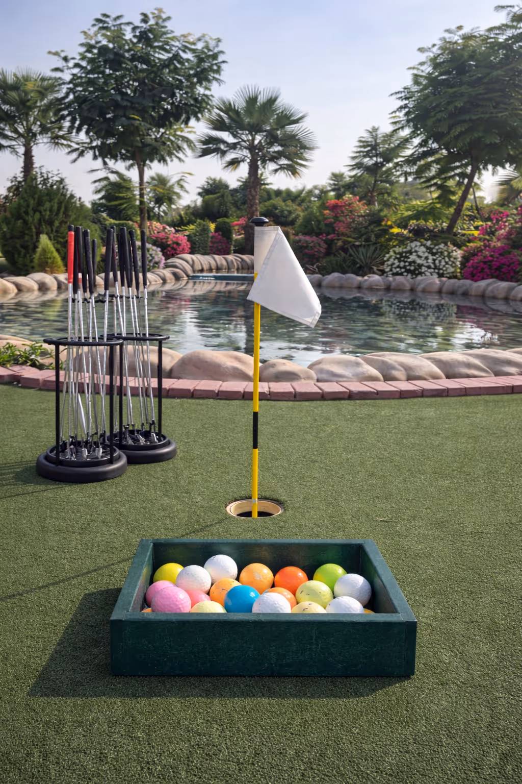 Golf practice area with a putting green, colorful golf balls in a box, golf clubs in stands, and a pond with trees and flowers in the background.