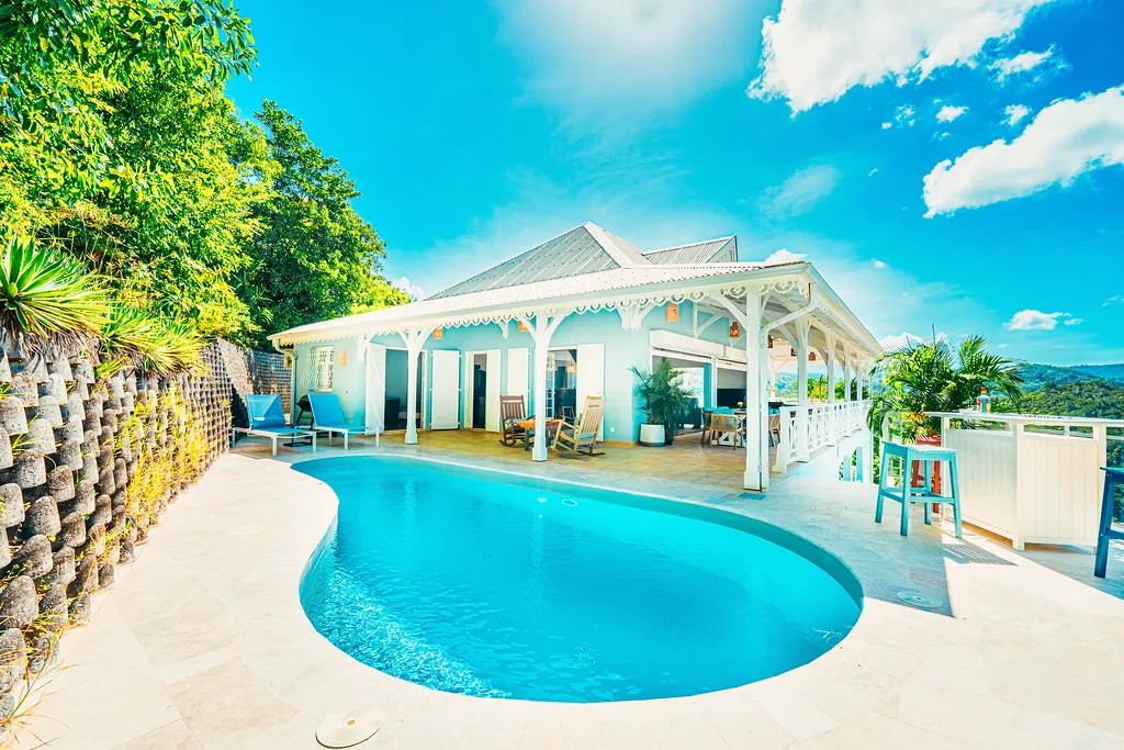 White Creole villa with private lagoon pool sea view Martinique Bambou Resort