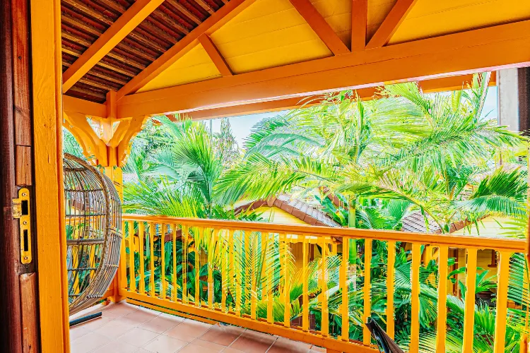 Terrace bungalow luxury Bambou Resort view tropical palm trees Martinique