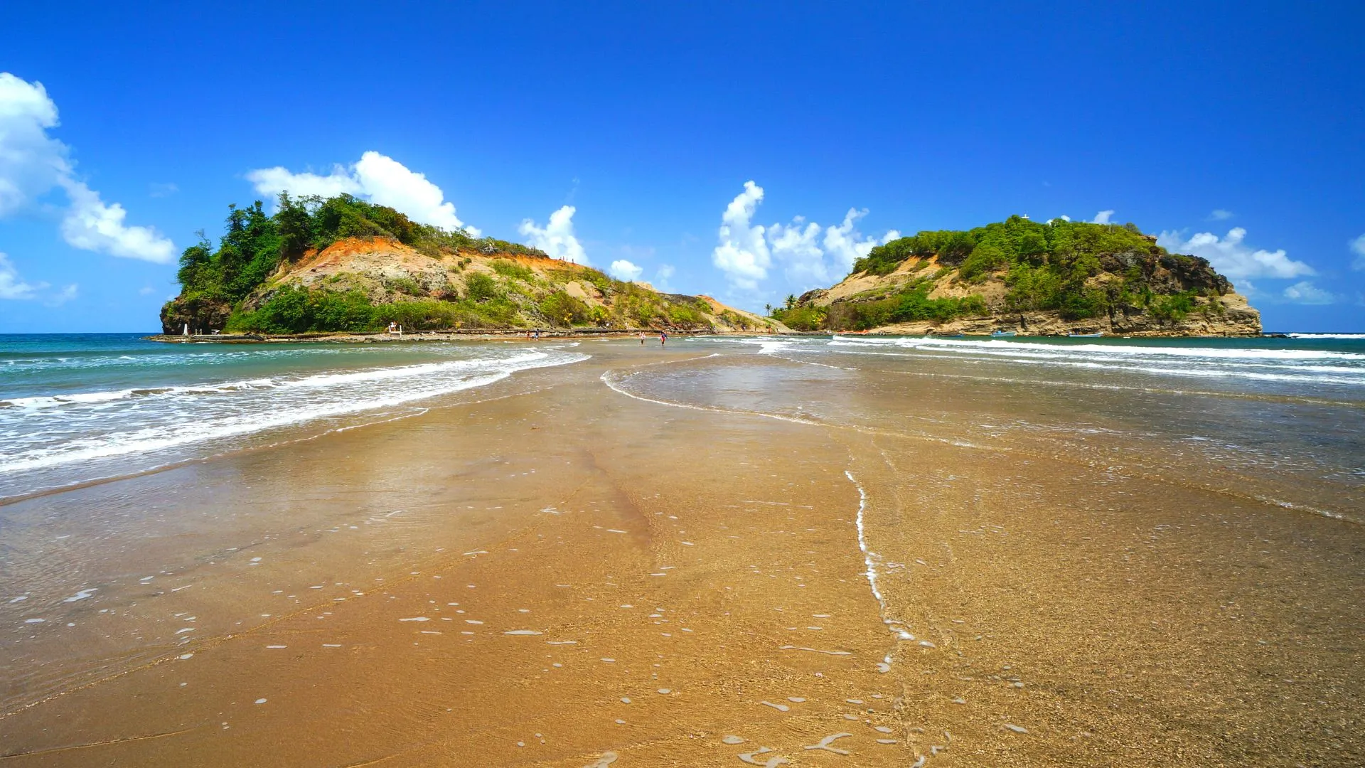Wild beach golden sand between green cliffs Martinique Caribbean Sea