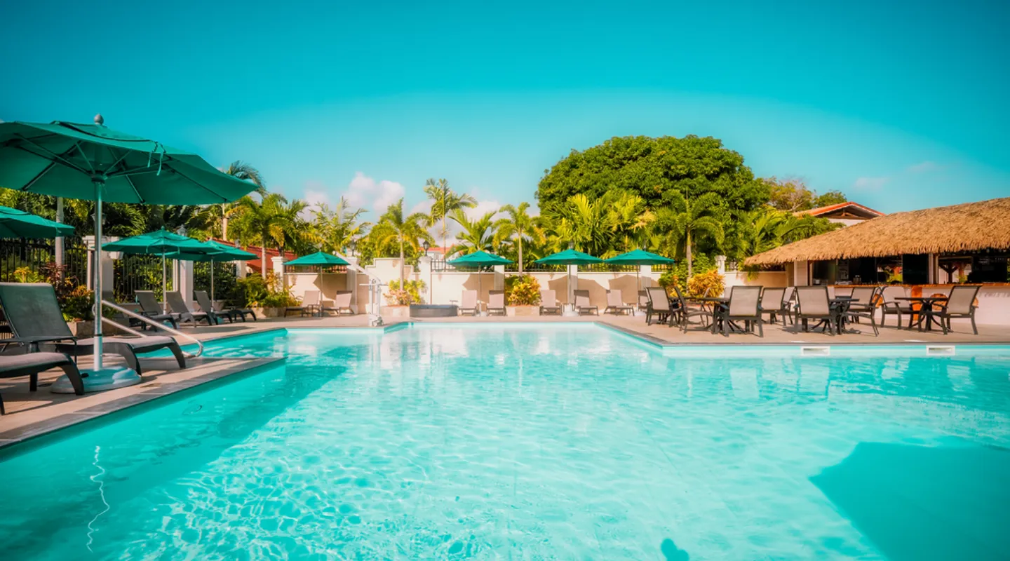 Luxurious Bamboo Resort lagoon pool lined with palm trees and deckchairs Martinique view