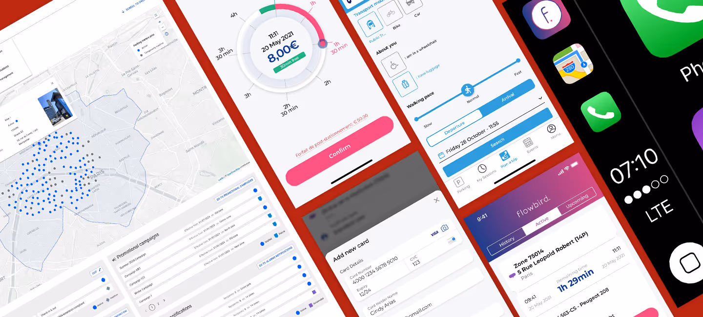 Screenshots of a mobile app interface displaying map with points, payment confirmation, transport options, card addition, and home screen icons.
