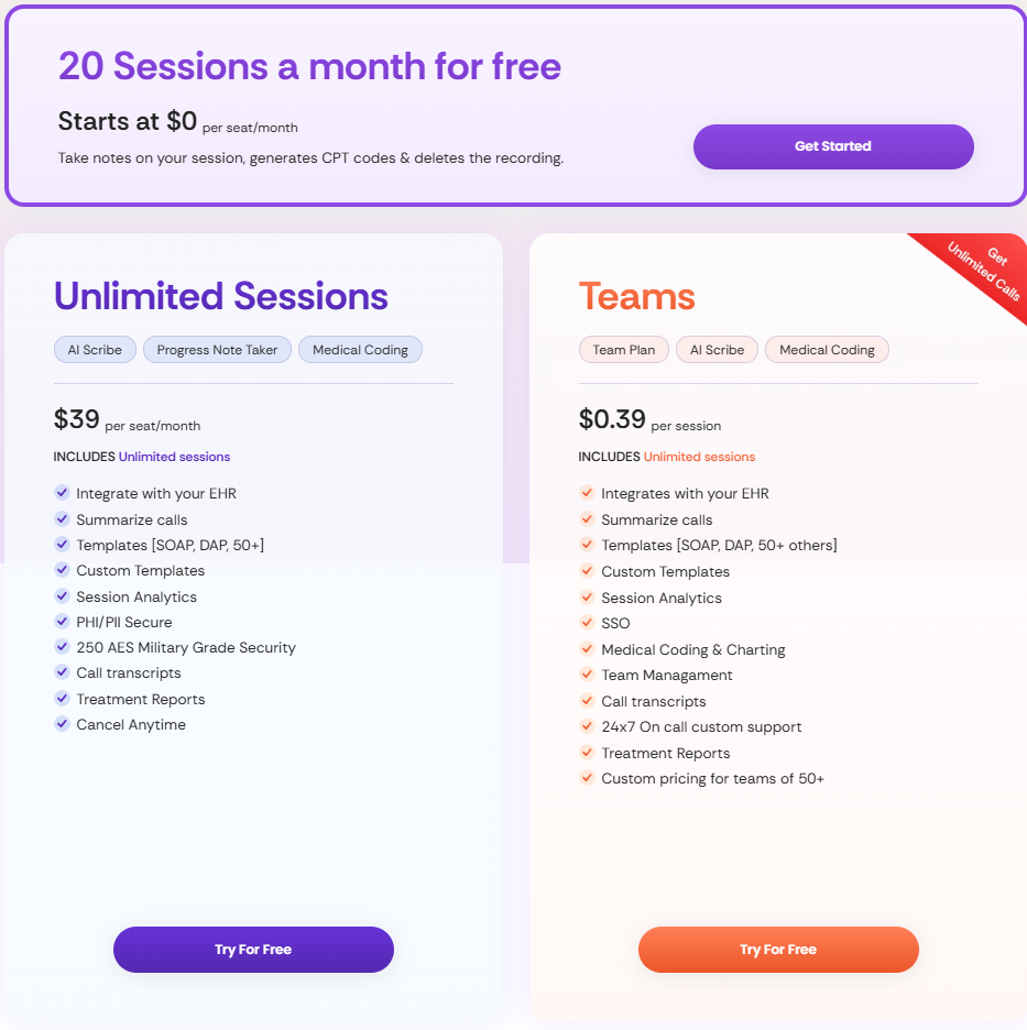 Pricing Plans offered by Scribe Healh AI: Best AI Medical Scribe