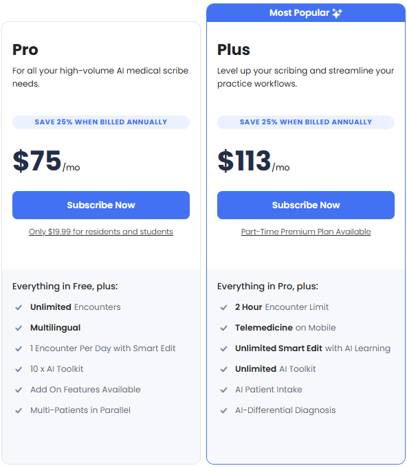 Pricing plans offered by Empathia AI Medical Scribe