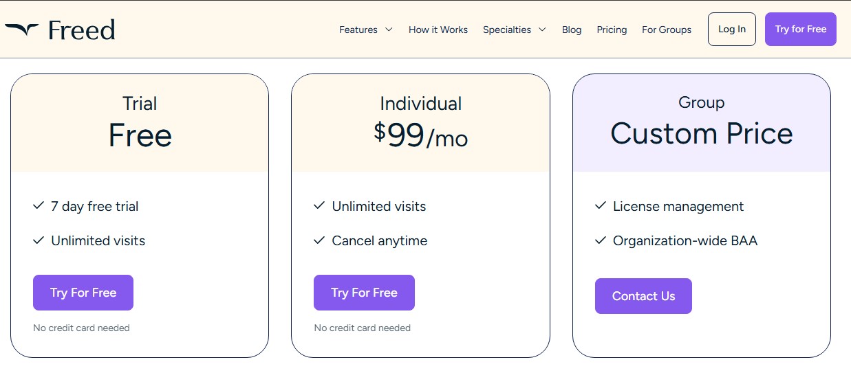 Pricing plans offered by Freed AI: Medical AI Scribe