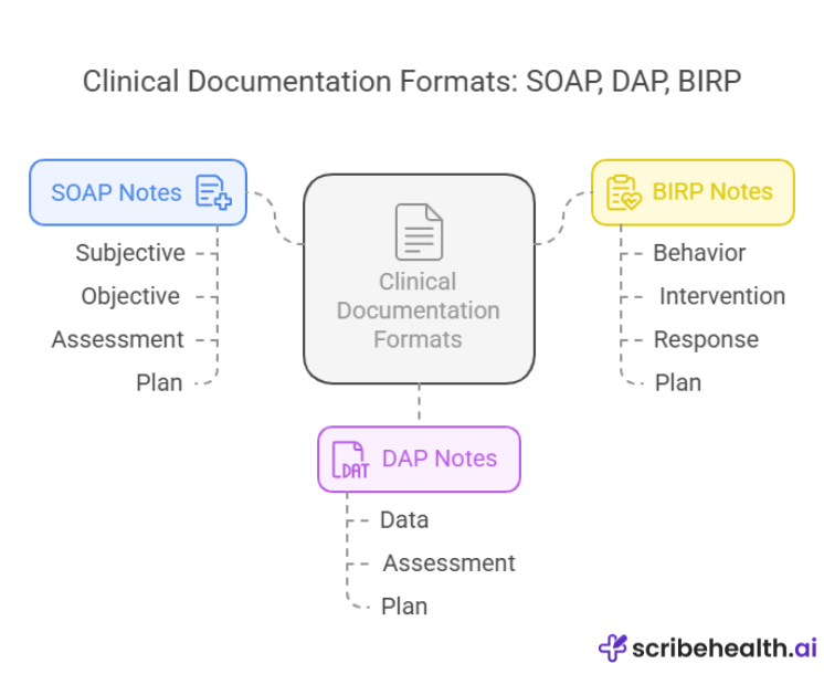 Different Clinical Documentation Formats: SOAP, DAP and BIRP Notes for medical progress notes
