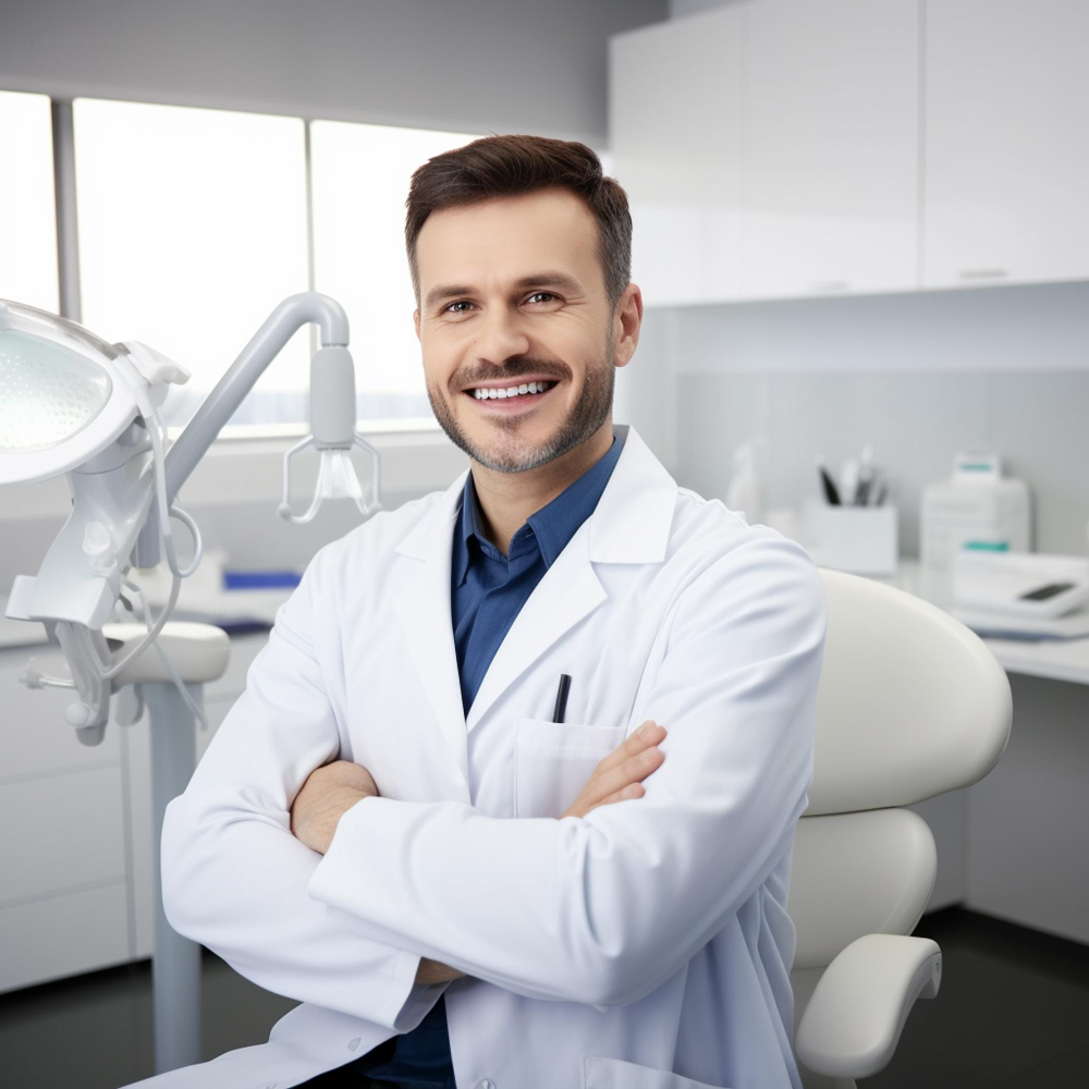 Smiling male dentist in white coat sits in dental office with arms crossed beside dental equipment.