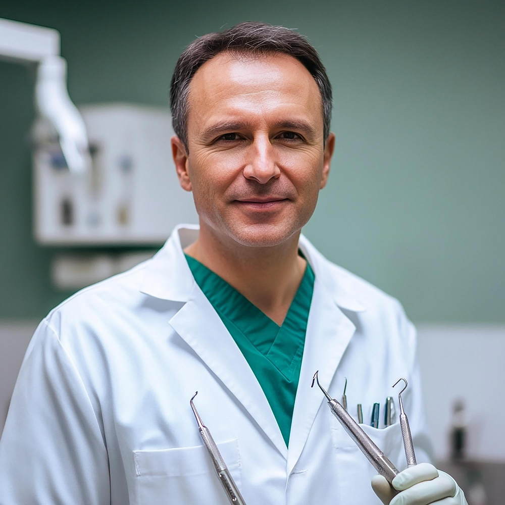 Middle-aged male dentist in white coat holding dental tools in a clinic.