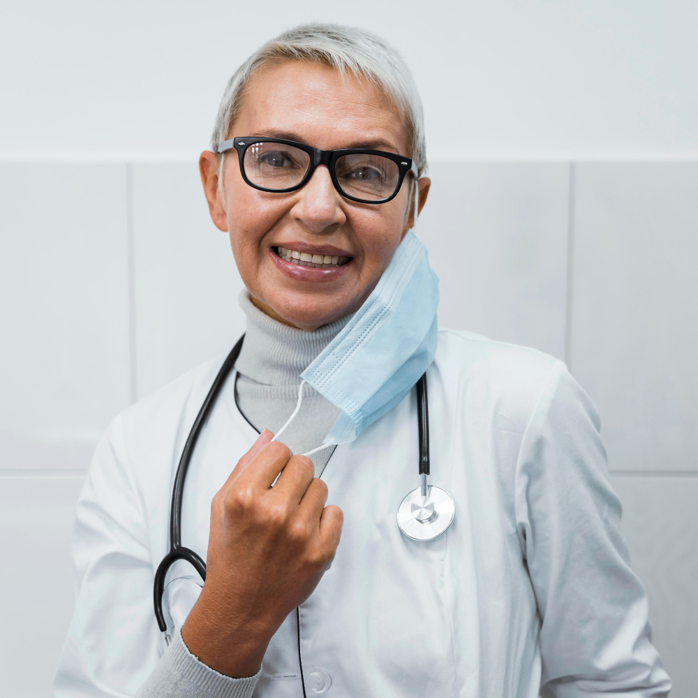 Smiling doctor with short gray hair and glasses holding a blue face mask and wearing a stethoscope.