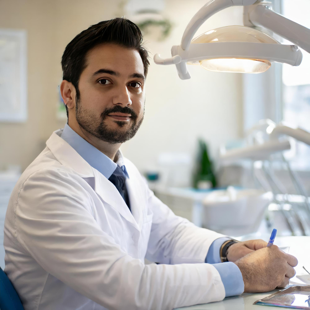 Male dentist in a white coat sitting in a dental office with dental equipment in the background.