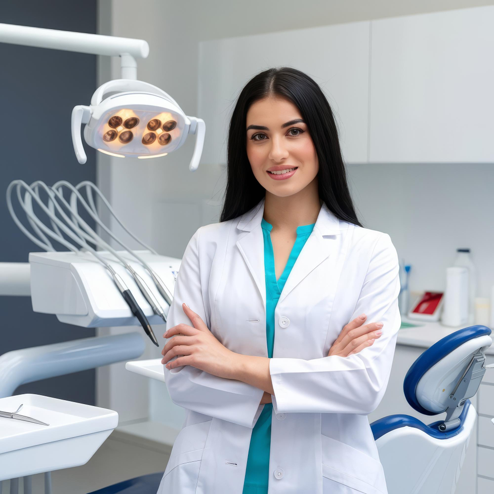 Smiling female dentist in white coat standing with arms crossed in a dental clinic.