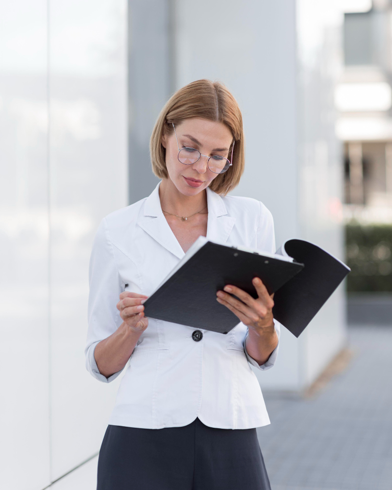 Woman in glasses and white blazer reading documents on a black clipboard outside a modern building.