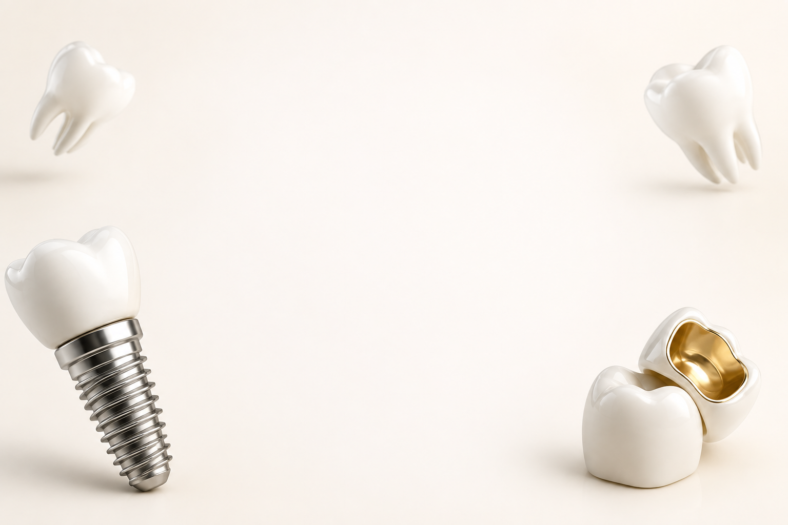 Two white teeth, a dental implant with a crown, and a dental crown with gold inside on beige.