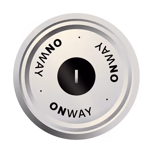 Round silver metallic switch dial labeled with reversed text 'ONWAY' repeated four times around a central black button with a white vertical line.