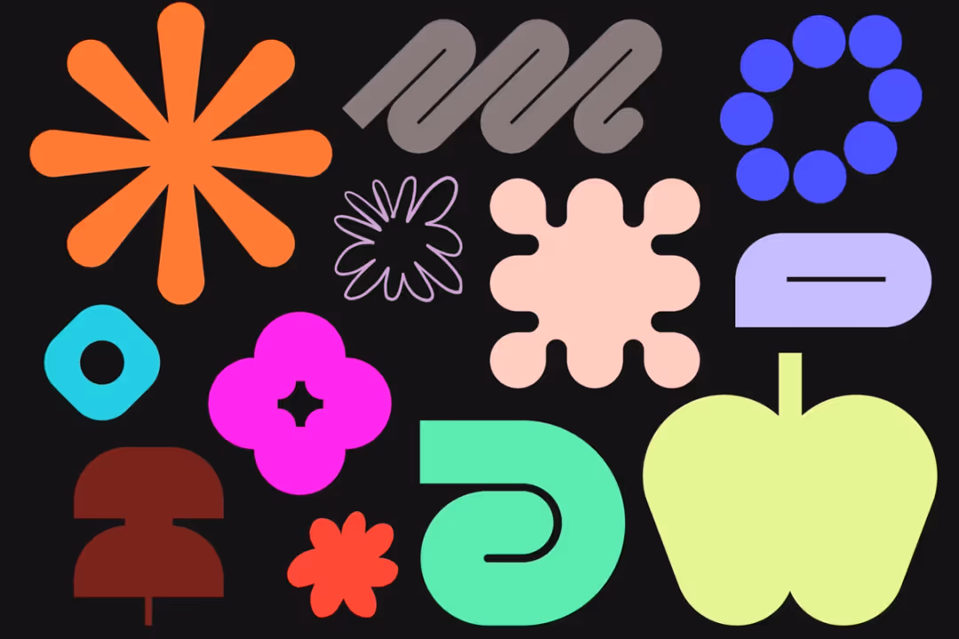 A collection of colorful abstract shapes on a black background. The shapes include a large orange flower-like starburst, a wavy gray line, a blue circle made of smaller dots, and various organic forms in pink, purple, green, and red. The shapes vary in size and complexity, resembling playful, retro-inspired icons.