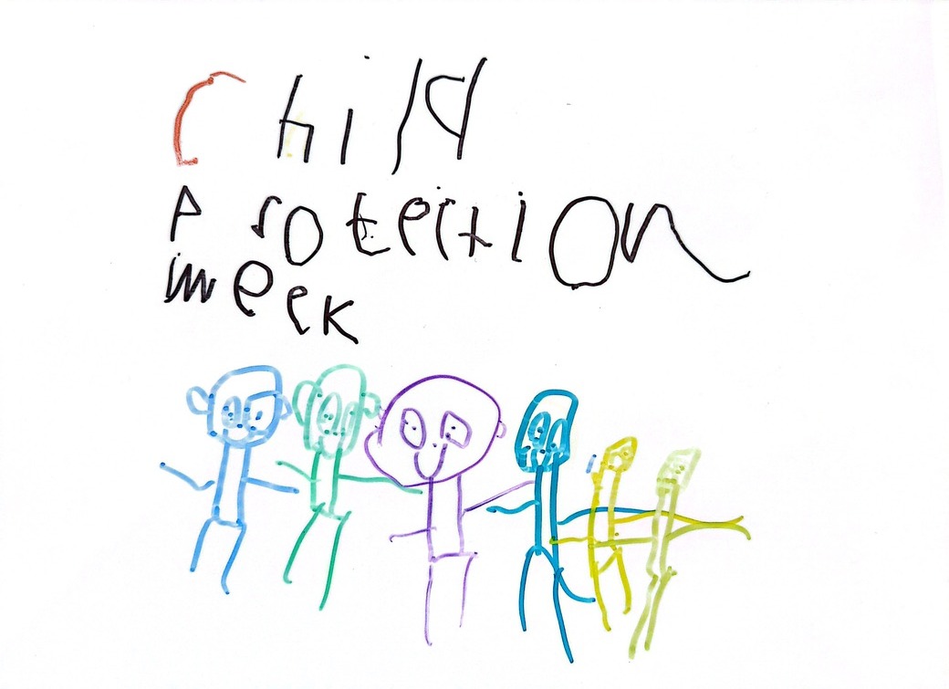 A child's drawing of people holding hands with the words Child Protection Week