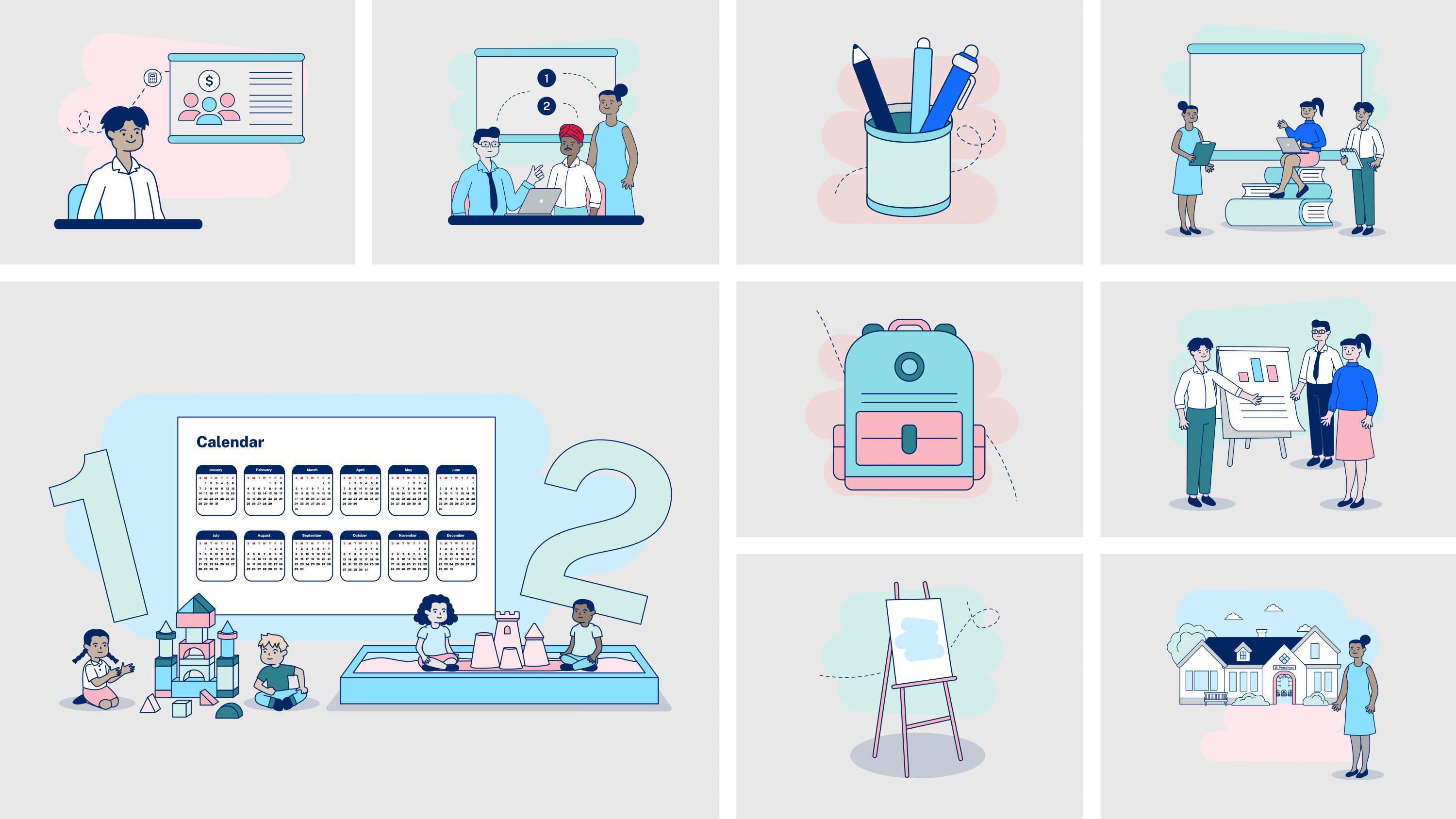 Image showcasing various illustration designs used in the online modules for the Early Learning program.