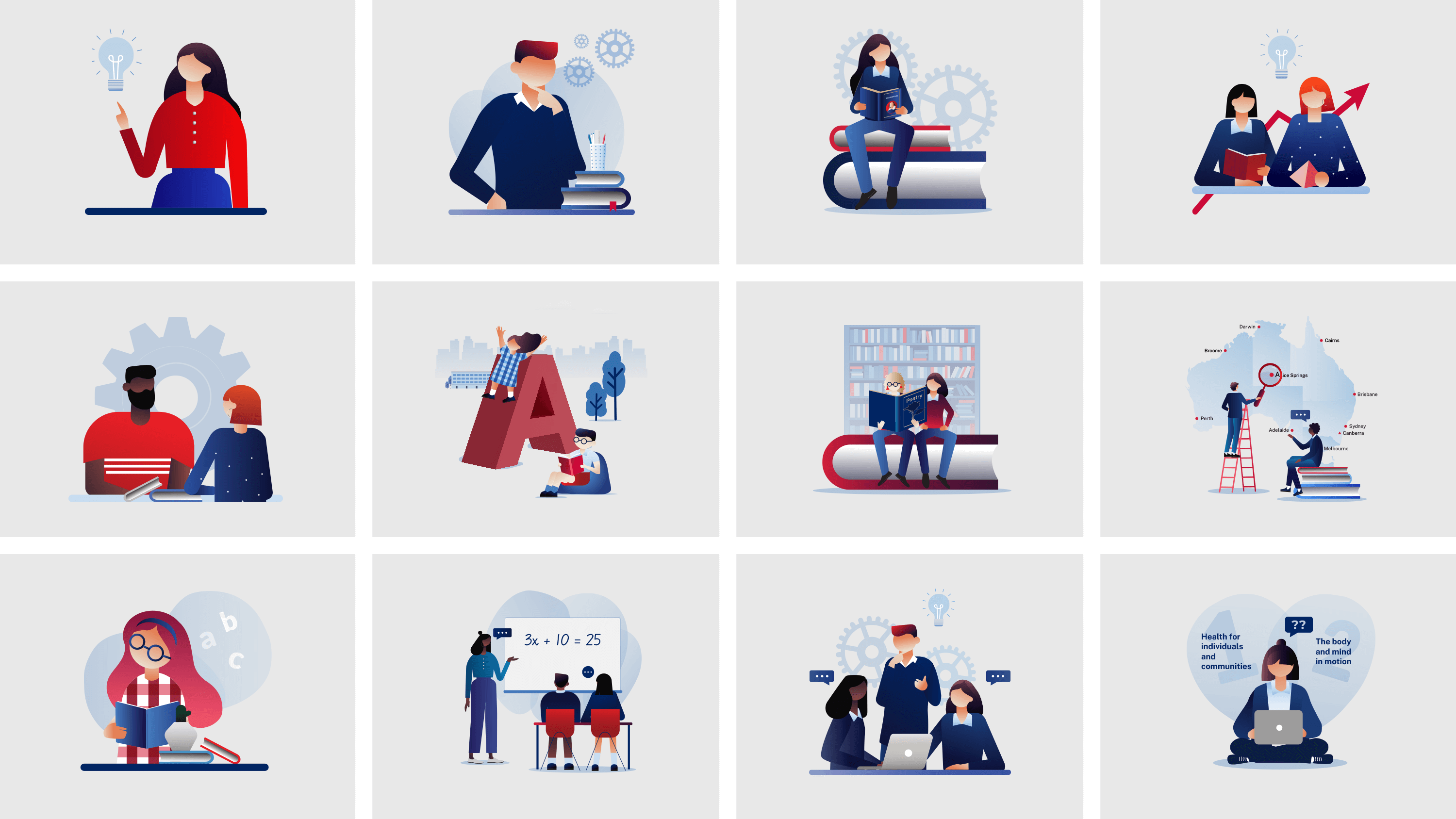Image showcasing various illustration designs used in the online modules for the Curriculum Reform program.