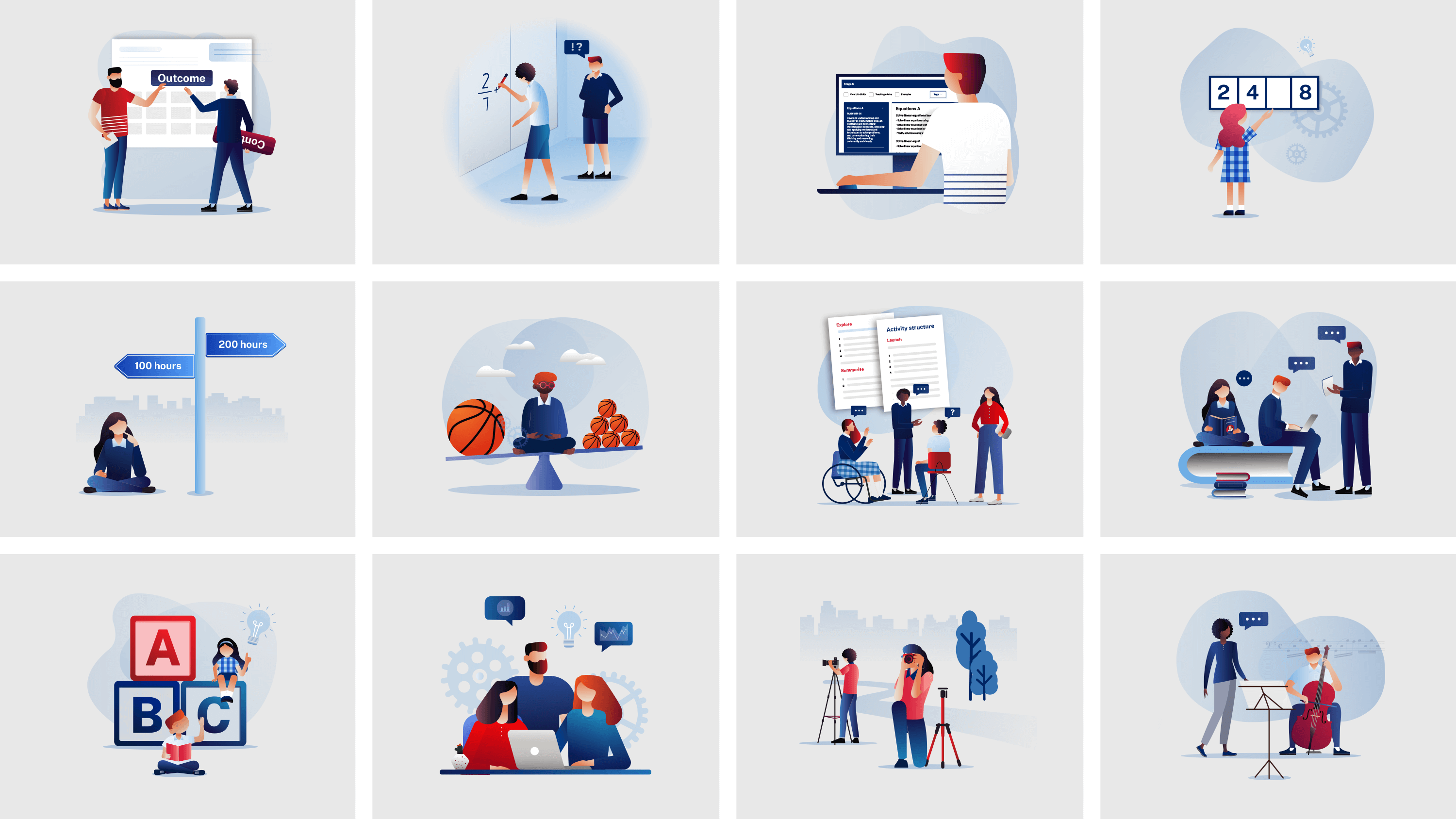 Image showcasing various illustration designs used in the online modules for the Curriculum Reform program.