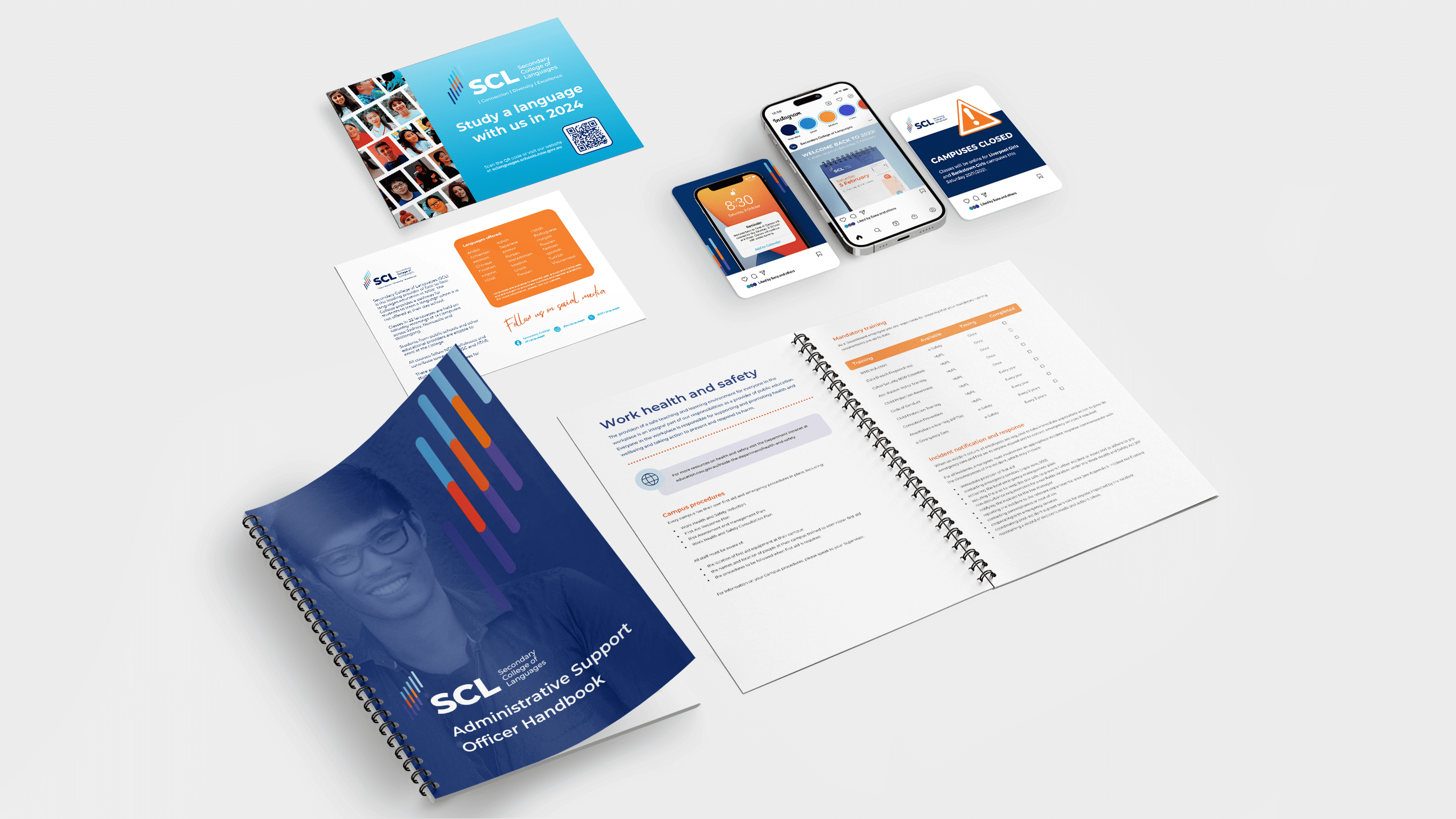 Mockup showcasing various school collateral for SCL, including handbook, flyers and social media posts.