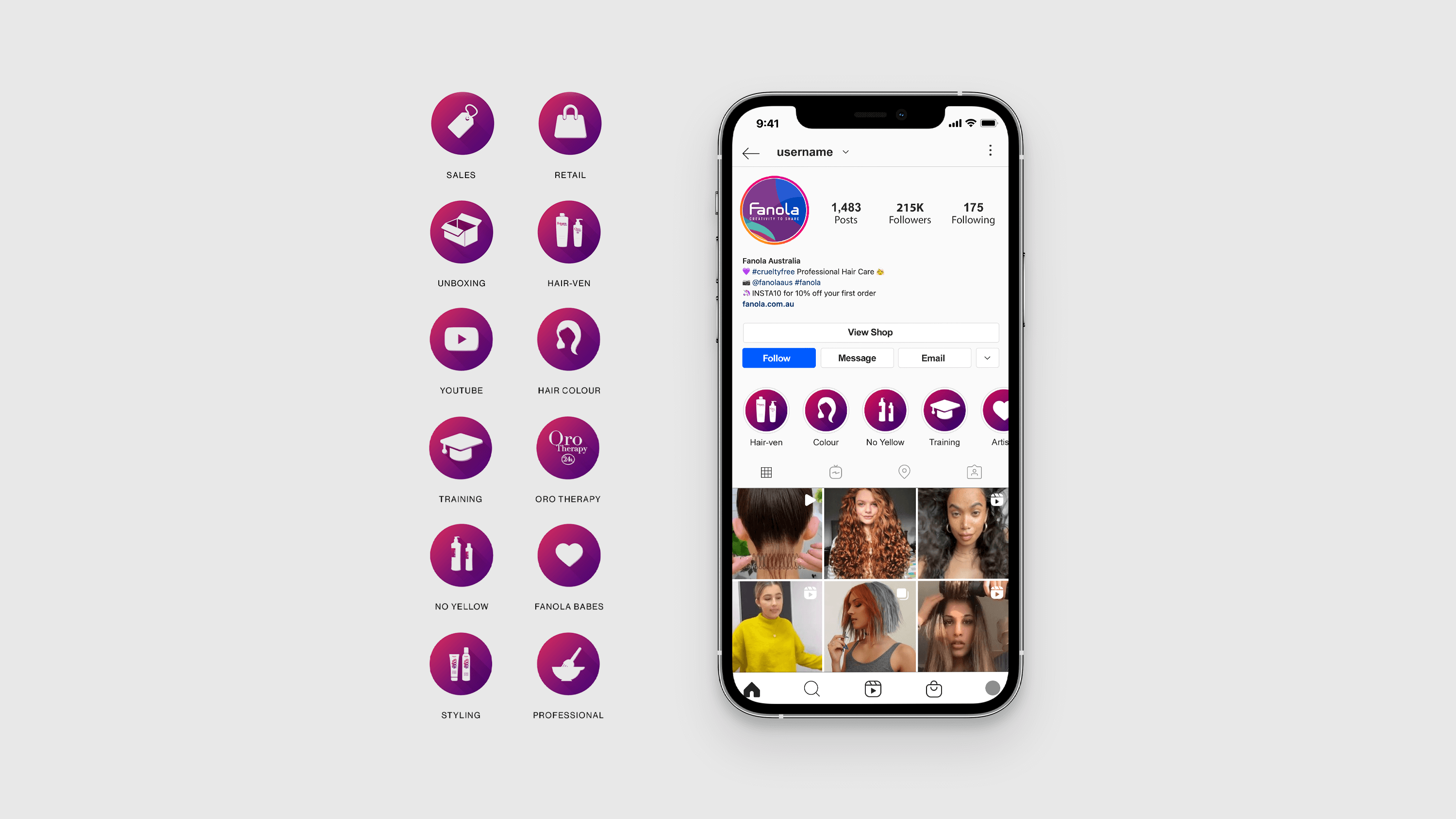 An iPhone showing the Fanola Instagram page, with the highlight icons featured on the side.