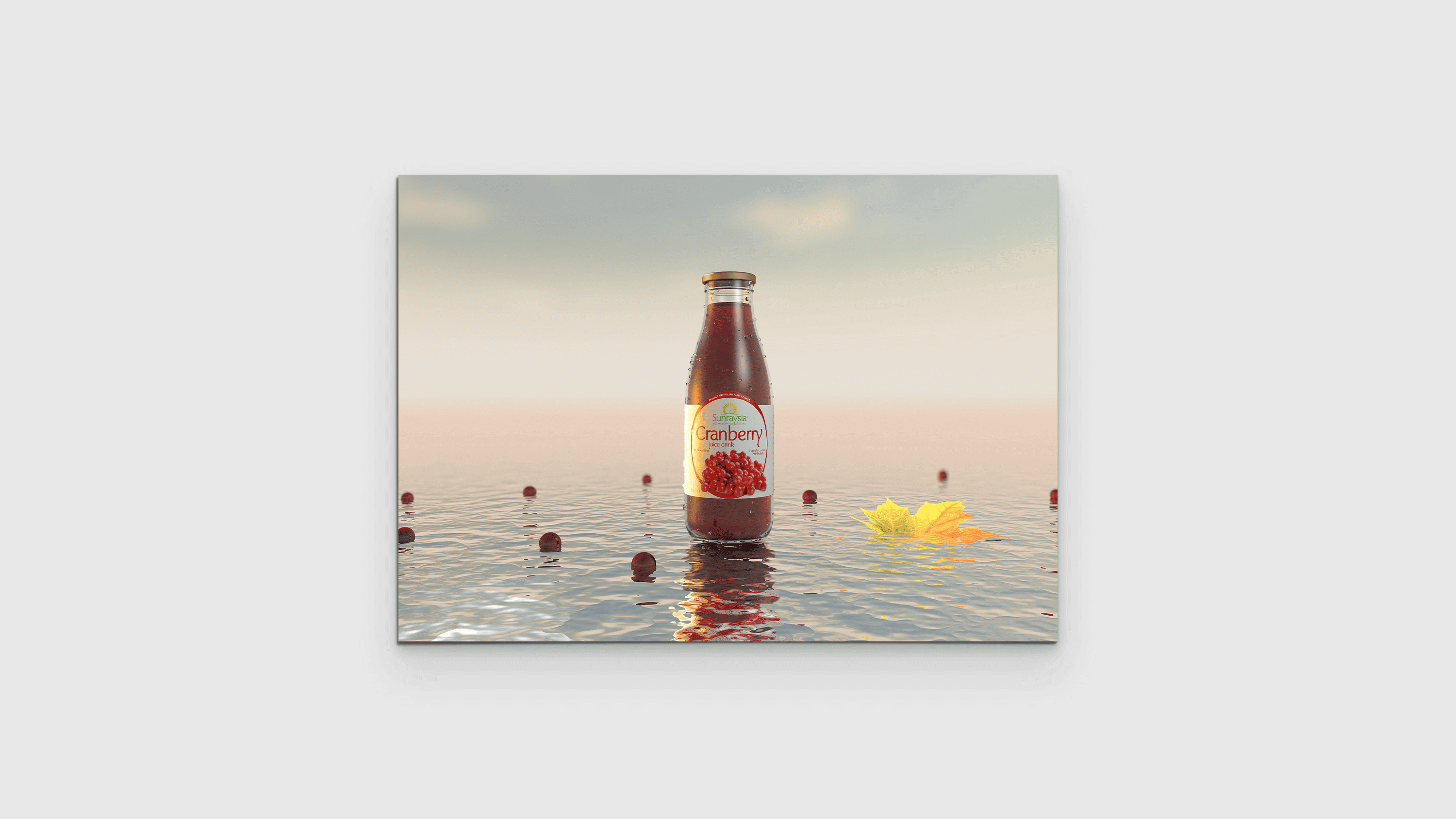 Image showing the Sunraysia juice bottle sitting on water surrounded by cranberries.