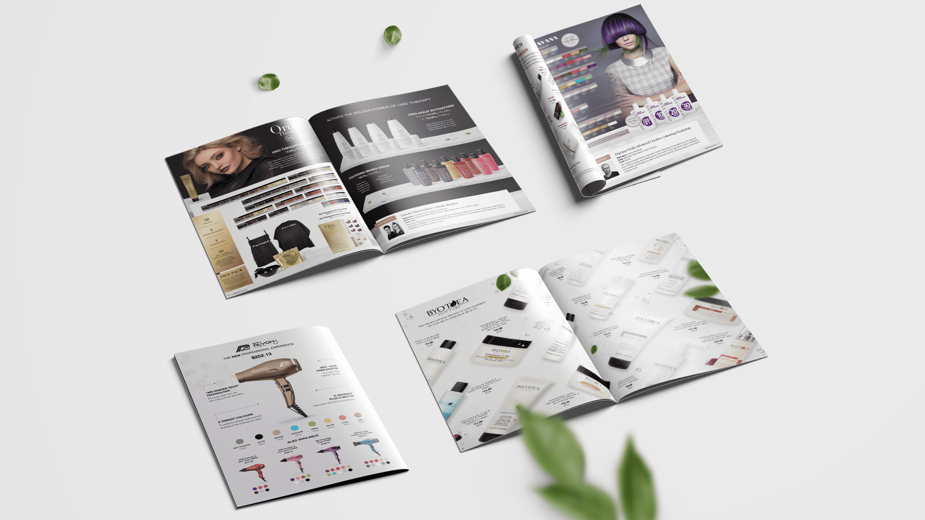 Multiple pages and spreads designed featured in  AMR catalogues, showcasing various products and brands.