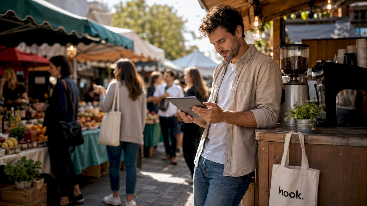 Local business owner managing marketing on tablet