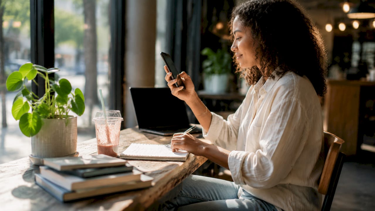 Woman sharing social media content at desk