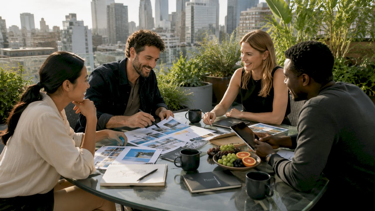 Marketing team collaborating in office
