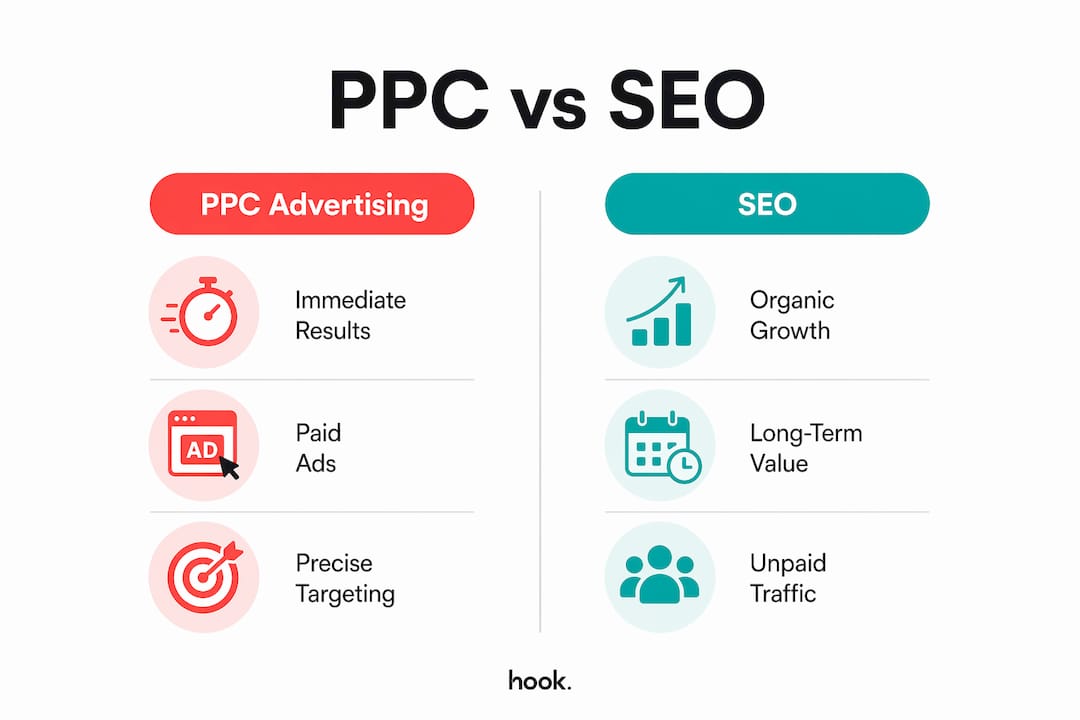 Infographic comparing PPC advertising and SEO differences