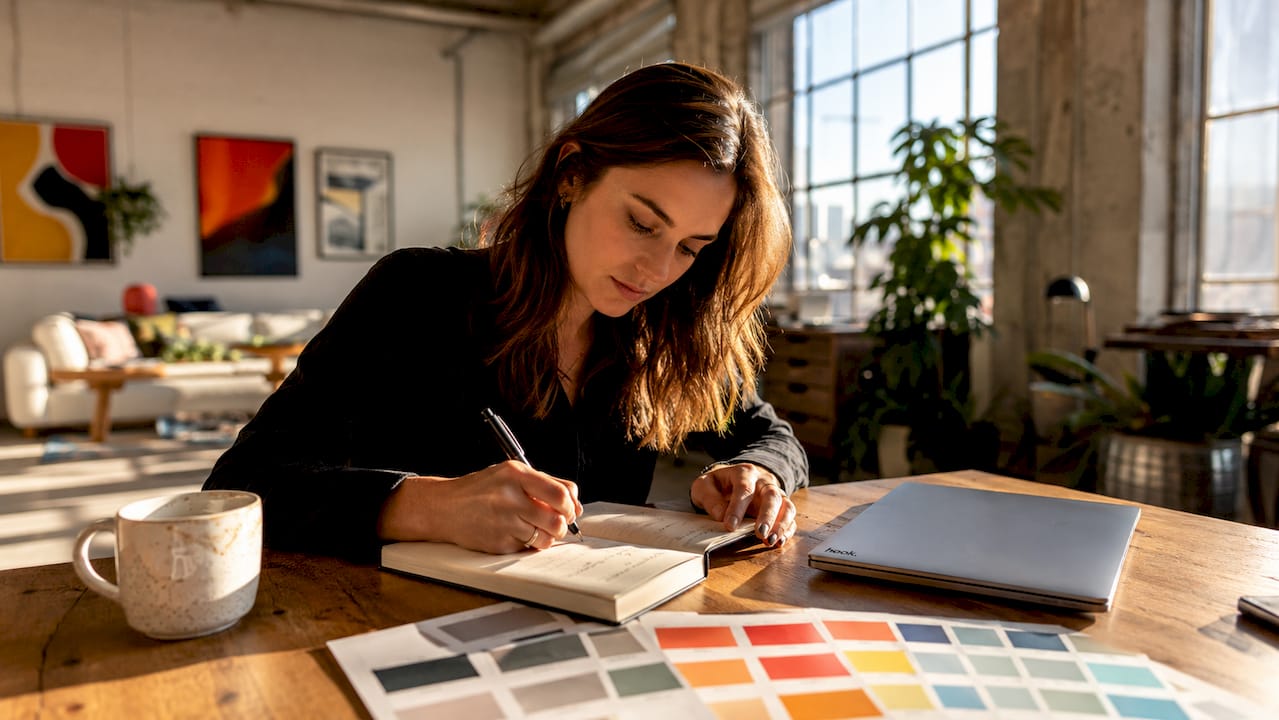 Woman writing design brief at desk