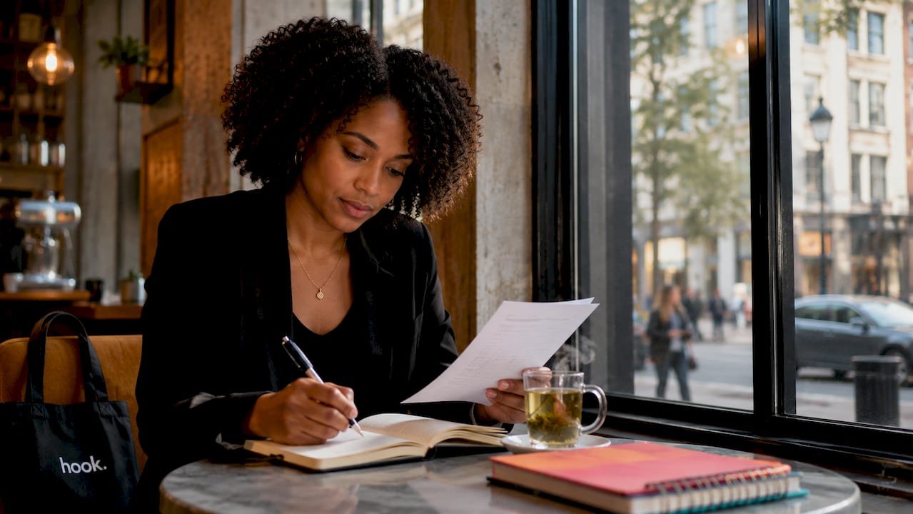 Account manager reviewing client briefs in office