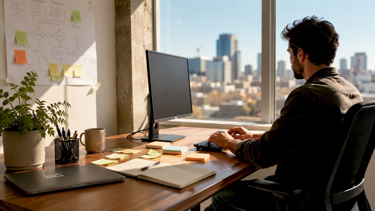 Professional typing at desk integrating CRM systems