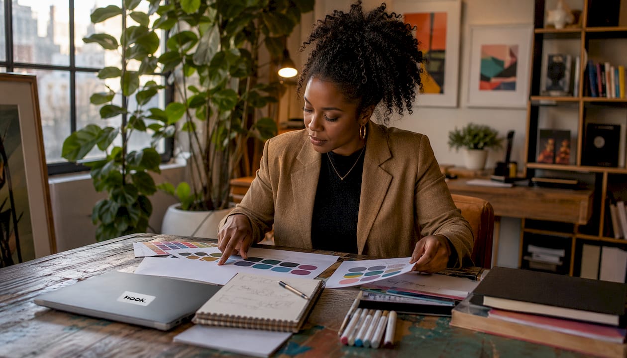 Designer reviewing brand guidelines at desk