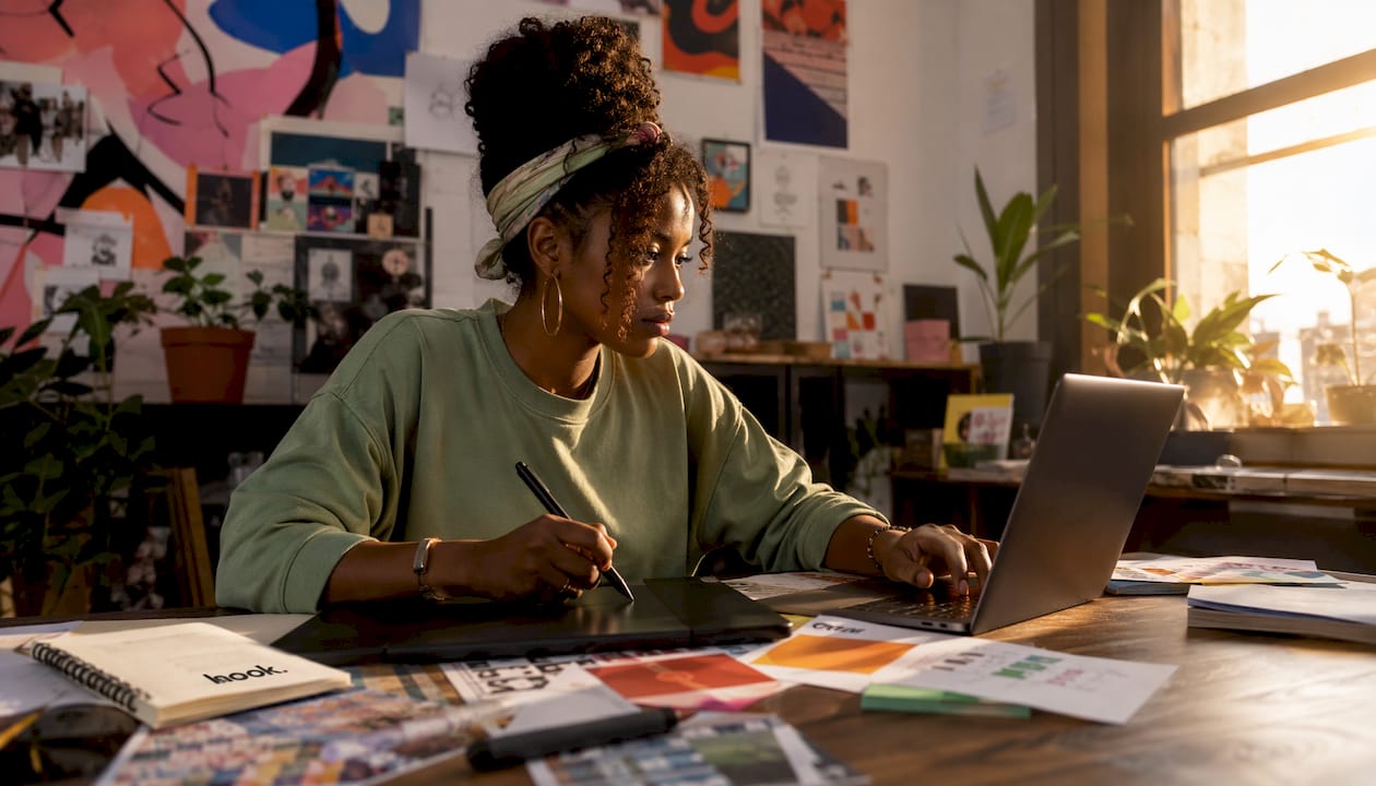 Designer working on website design at studio desk