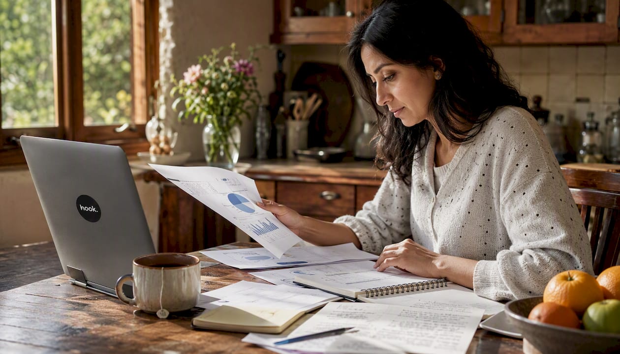 Woman reviewing SEO audit reports at desk