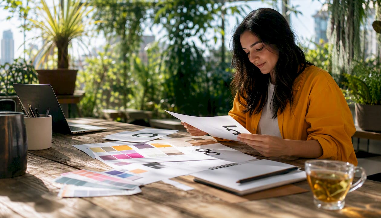 Designer reviewing brand asset documents