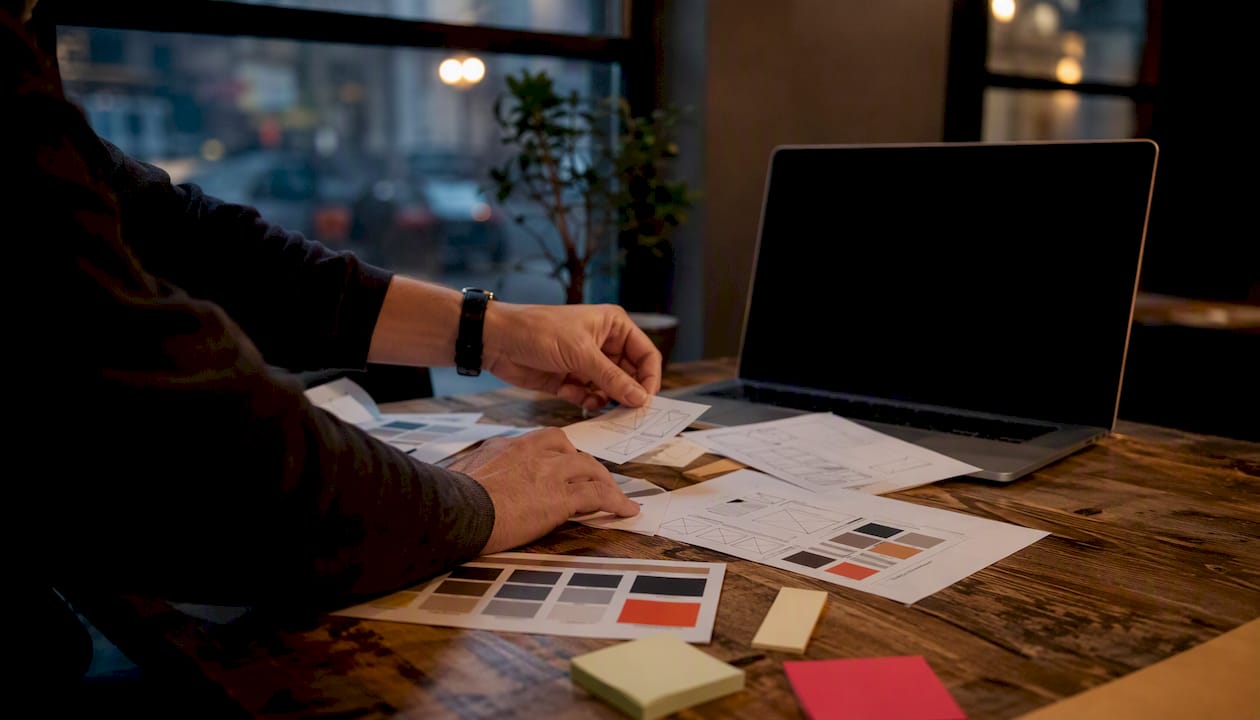 Hands arranging website design elements on desk