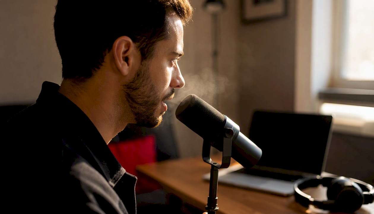 Person speaking into microphone in office