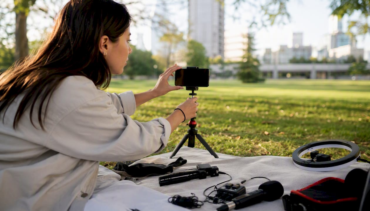 Content creator filming short video on phone