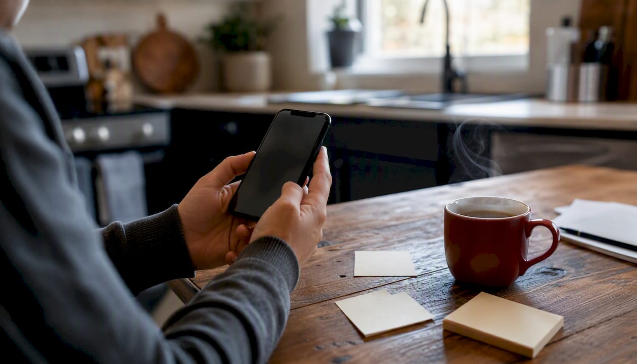 Close-up of smartphone and hands verifying business profile