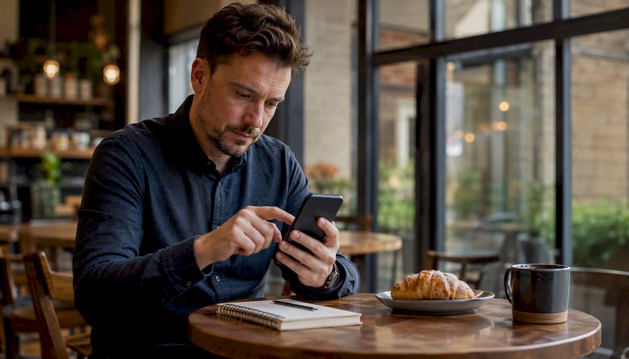 Business owner responding to an online review on phone