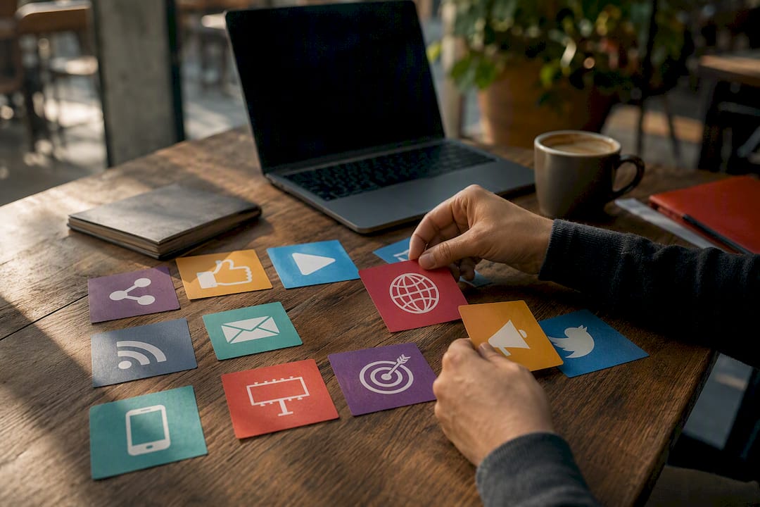 Hands sorting advertising channel cards on desk